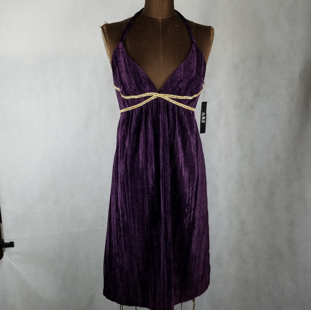 ABS Allen Schwartz Purple Halter Midi Dress with Gold Trim